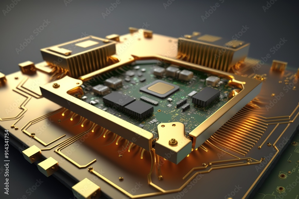 Close-up of a gold circuit board with a processor chip. Close-up of a gold circuit board with a processor chip.