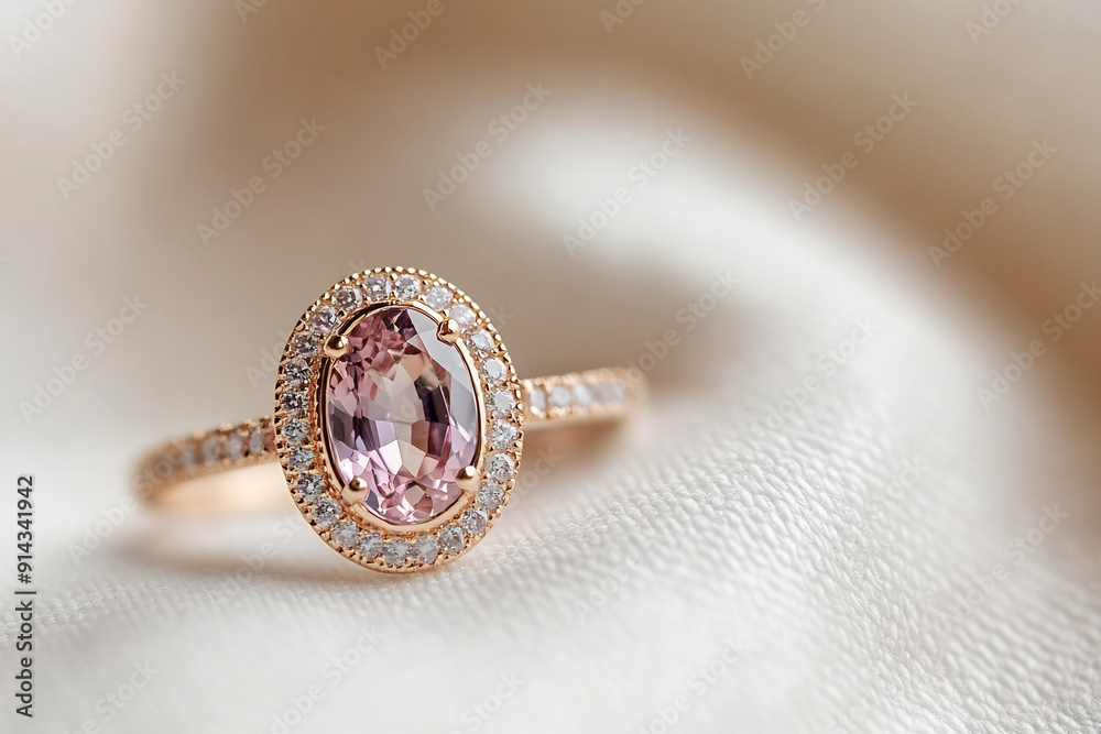 A rose gold ring with diamonds placed on a white linen fabric A rose gold ring with diamonds placed on a white linen fabric
