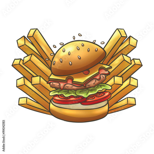 Illustration of burger and fries