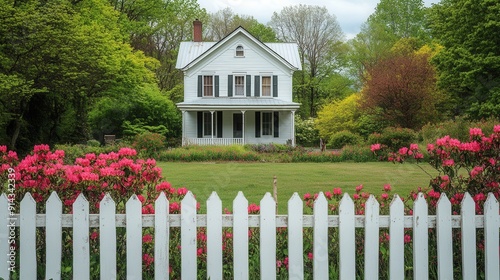 Historic farmhouse surrounded by blooming flowers and a picket fence on a serene afternoon