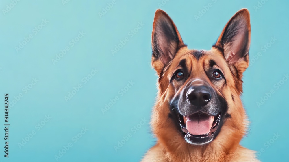 Close-up of a happy German Shepherd dog with a blue background, providing clear space for text or branding. Close-up of a happy German Shepherd dog with a blue background, providing clear space for text or branding.