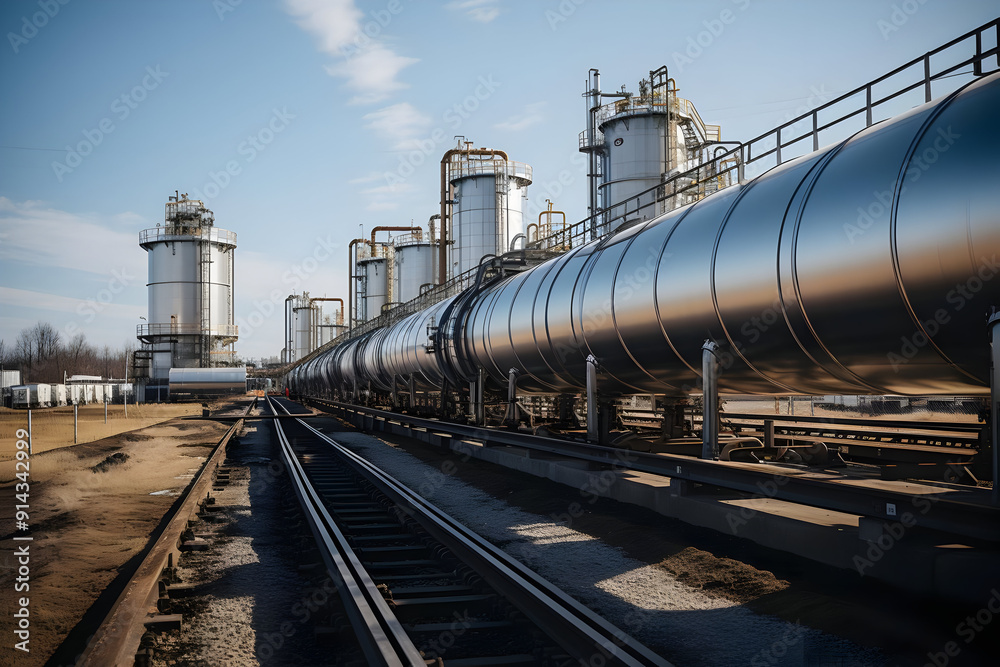 Naklejka premium A line of large industrial storage tanks sit along a railway line, with the metal tanks reflecting the blue sky.