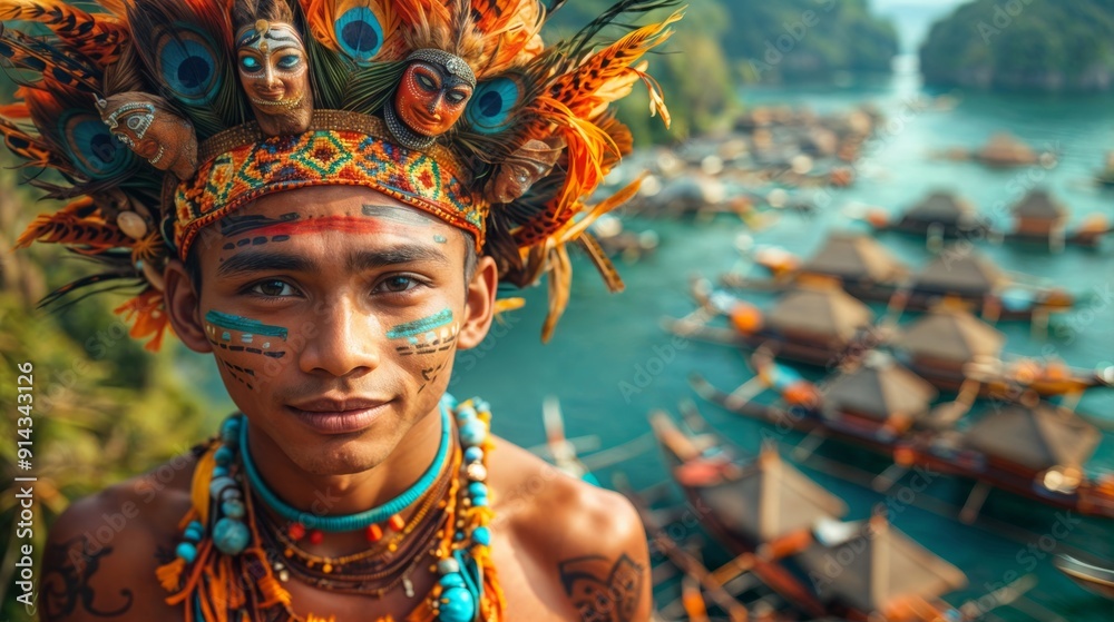 Portrait of an man with traditional headdress and wearing traditional clothing. Portrait of an man with traditional headdress and wearing traditional clothing.