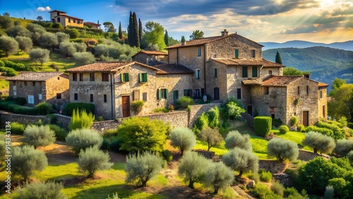 Tuscan Stone Houses Nestled Among Olive Groves and Sun-Kissed Rocks  generative AI photo