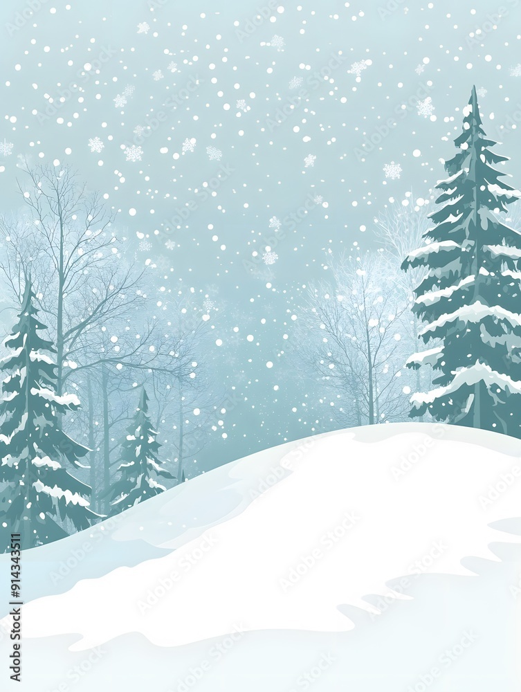 Obraz premium Snowy winter landscape with pine trees and falling snow. A serene winter scene.