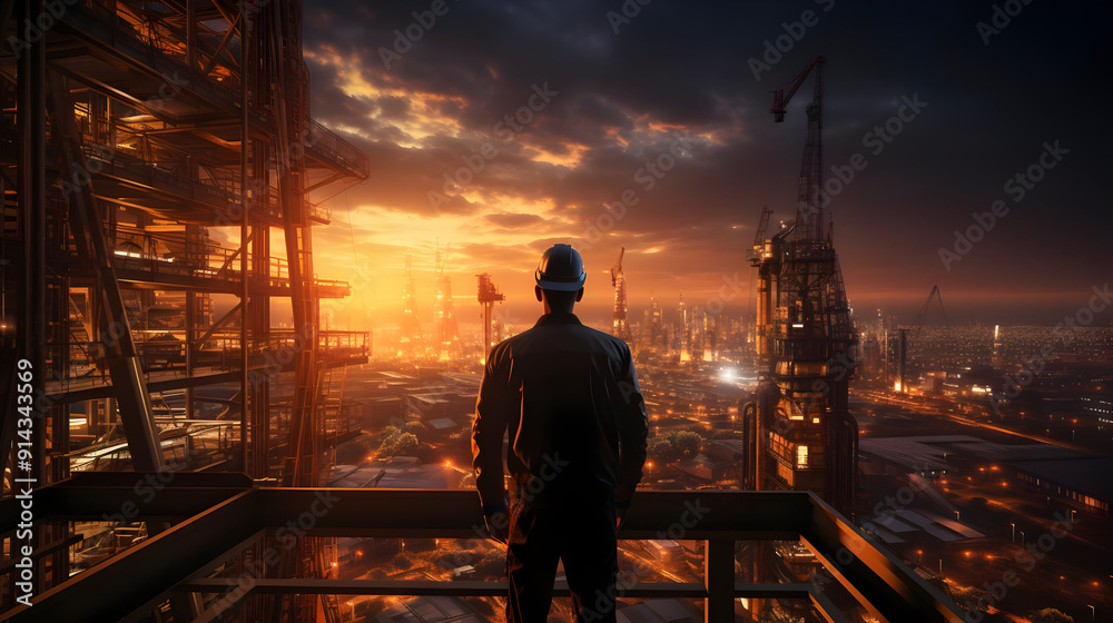 A lone worker stands on a platform overlooking a city skyline. A lone worker stands on a platform overlooking a city skyline.