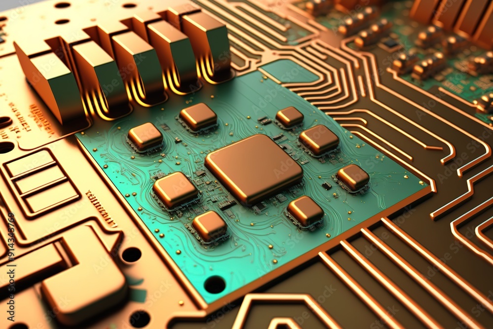 Close-up of a gold circuit board with green chips and lines. Close-up of a gold circuit board with green chips and lines.