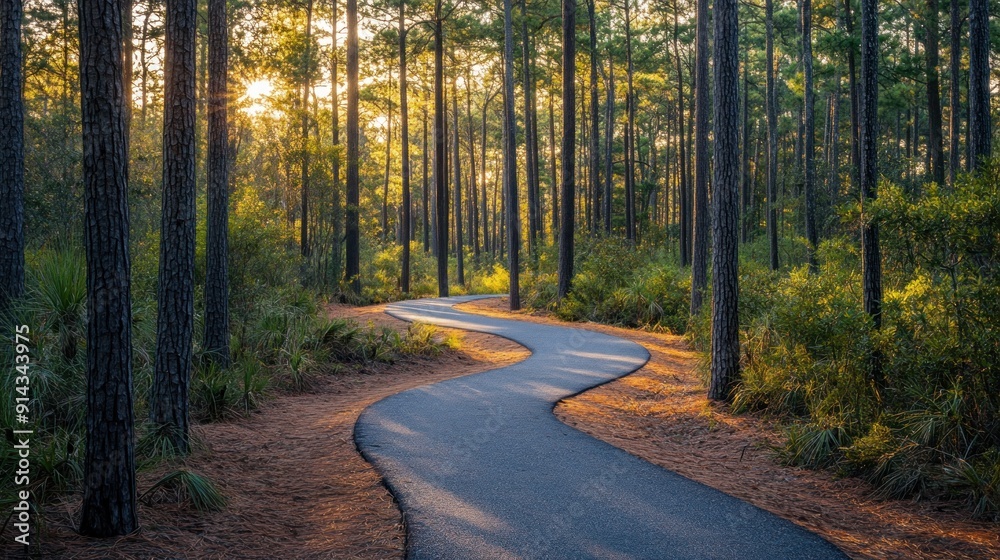 Obraz premium Serene Bicycle Path Winding Through a Tranquil Pine Forest at Dawn