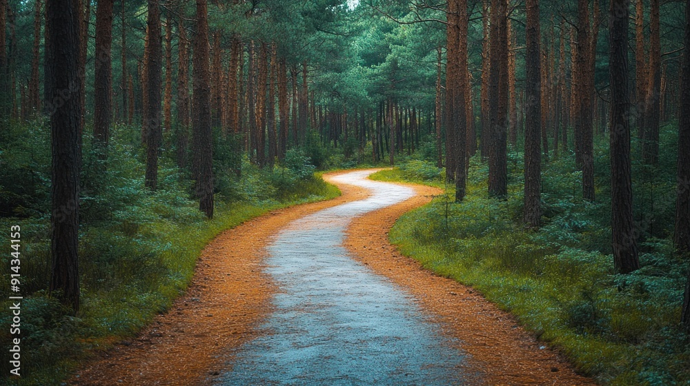 Obraz premium A Serene Bicycle Path Winding Through a Lush, Tranquil Pine Forest