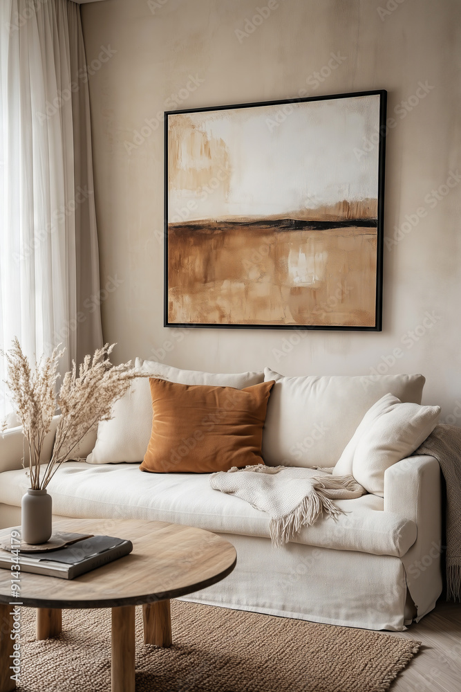 Cozy living room with neutral tones, featuring a white sofa, abstract wall art, and natural decor elements like dried flowers.
Cozy living room with neutral tones, featuring a white sofa, abstract wall art, and natural decor elements like dried flowers.