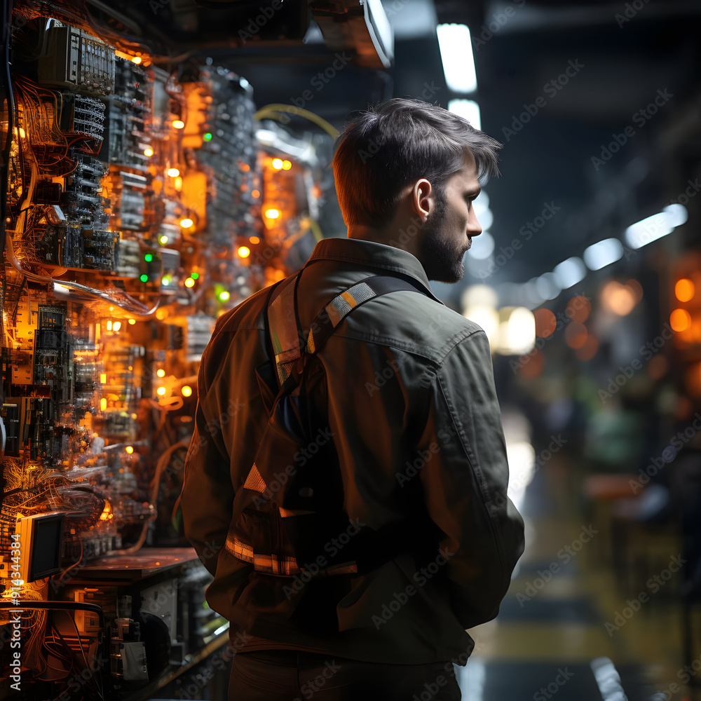 A man in a green jacket stands in front of a wall of glowing wires and circuitry. A man in a green jacket stands in front of a wall of glowing wires and circuitry.