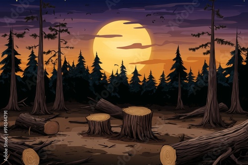a vector illustration of a deforested area in the night
