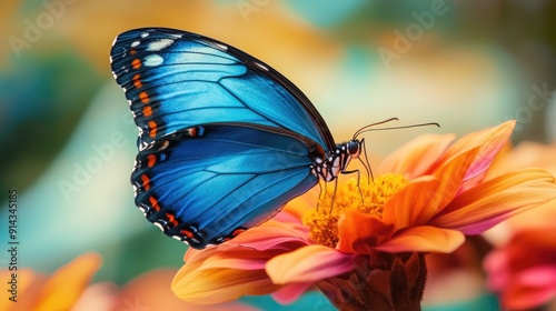 Stunning side view of a blue butterfly perched on an orange flower, with a focus on its vibrant colors. photo