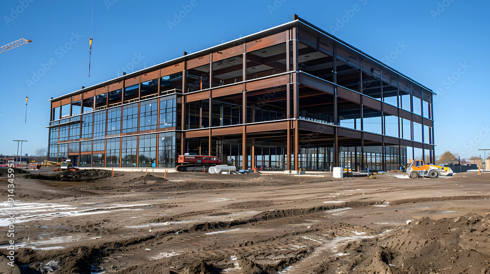 A modern commercial building under construction with a clear blue sky.