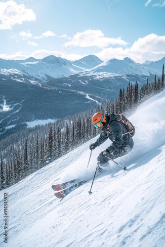 Skier skiing on a snowy mountain slope during the day. The skier, dressed in athletic gear and a bright helmet.