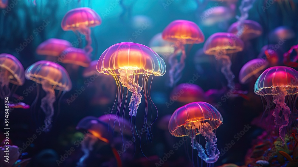 Swarms of glowing jellyfish illuminating the deep sea, with their vibrant colors creating a surreal and captivating sight.
