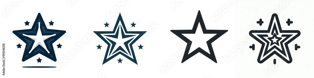 Set of four star icons with different designs and surrounding small stars. Flat graphic for productivity, evaluation and review concepts, web and mobile app isolated on white background Set of four star icons with different designs and surrounding small stars. Flat graphic for productivity, evaluation and review concepts, web and mobile app isolated on white background