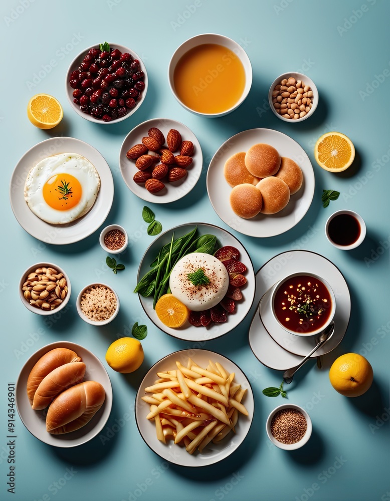 Flat lay of delicious food on a blue background. .Generative Ai Flat lay of delicious food on a blue background. .Generative Ai