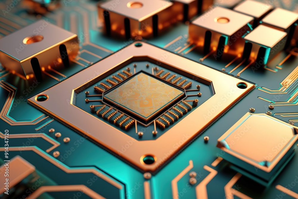 Closeup of a gold CPU chip on a green circuit board. Closeup of a gold CPU chip on a green circuit board.