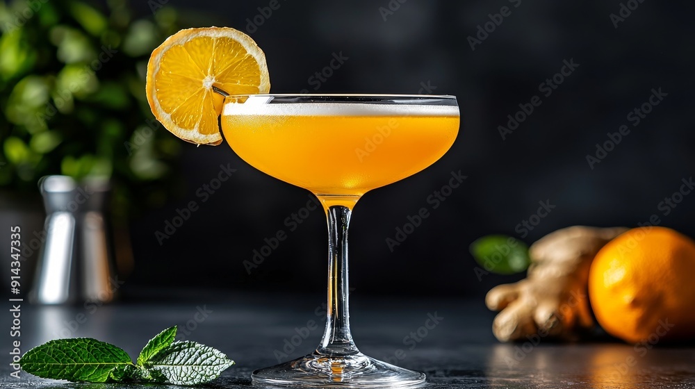 Vibrant cocktail with lemon slice, mint leaves, and ginger, perfect for refreshing summer gatherings or elegant events. Vibrant cocktail with lemon slice, mint leaves, and ginger, perfect for refreshing summer gatherings or elegant events.