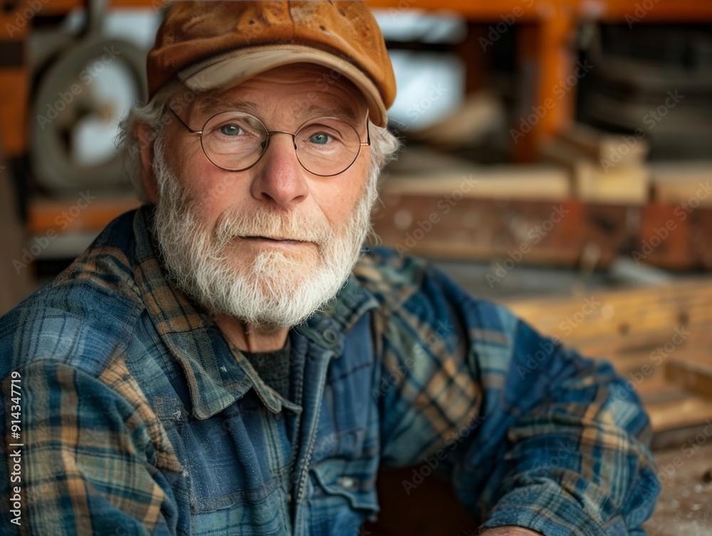 Close-up of a senior man focused on learning woodworking techniques in a workshop setting Close-up of a senior man focused on learning woodworking techniques in a workshop setting