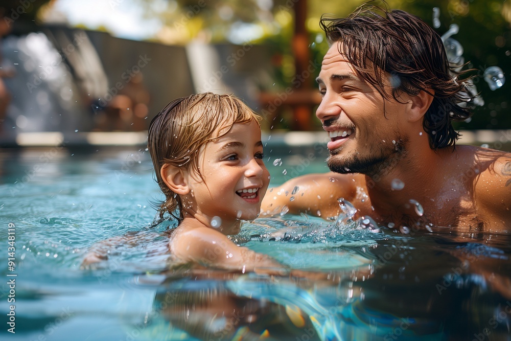 little boy plays with his father in the swimming pool in summer little boy plays with his father in the swimming pool in summer