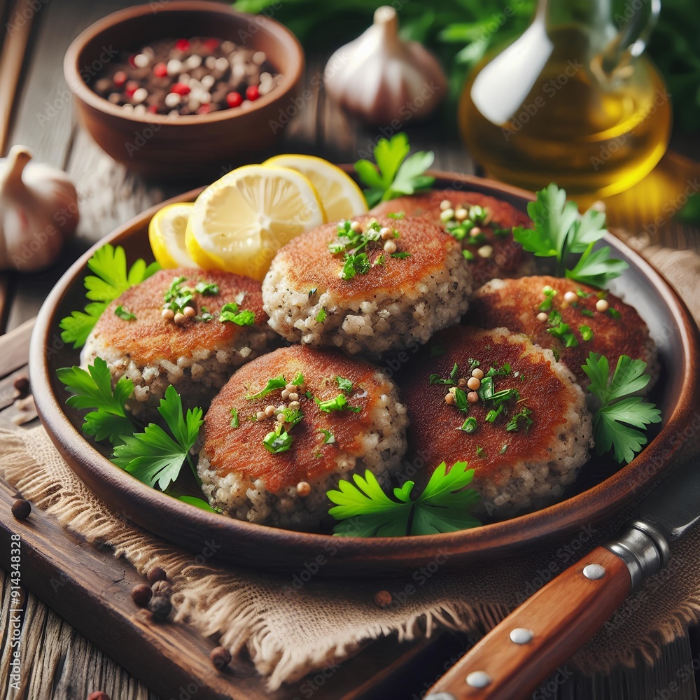Savory ukrainian buckwheat cutlets garnished with fresh parsley, served on a rustic plate over a wooden table. Savory ukrainian buckwheat cutlets garnished with fresh parsley, served on a rustic plate over a wooden table.