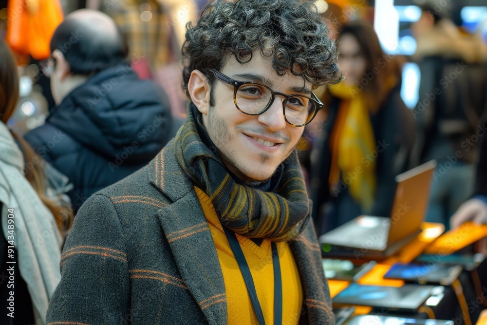Smiling Young Man with Glasses and Scarf at a Busy Indoor Event Smiling Young Man with Glasses and Scarf at a Busy Indoor Event