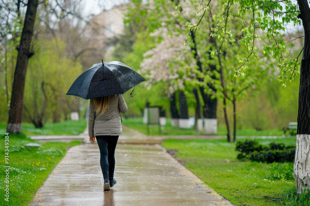 A person walks through a rainy park under an umbrella in springtime A person walks through a rainy park under an umbrella in springtime