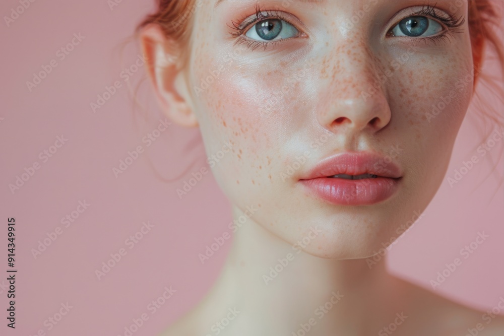 Serene Redheaded Woman with Freckles on a Pink Background Serene Redheaded Woman with Freckles on a Pink Background