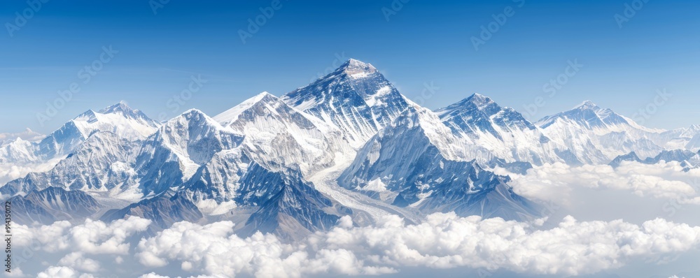 Obraz premium Majestic Mount Everest Summit Amidst Cloud-Kissed Himalayan Peaks