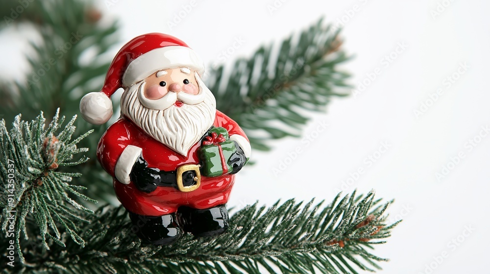 Obraz premium Festive ceramic santa claus figurine perched on a christmas tree branch, holding a gift. The traditional holiday symbol in vibrant red, white, and green colors against a winter backdrop