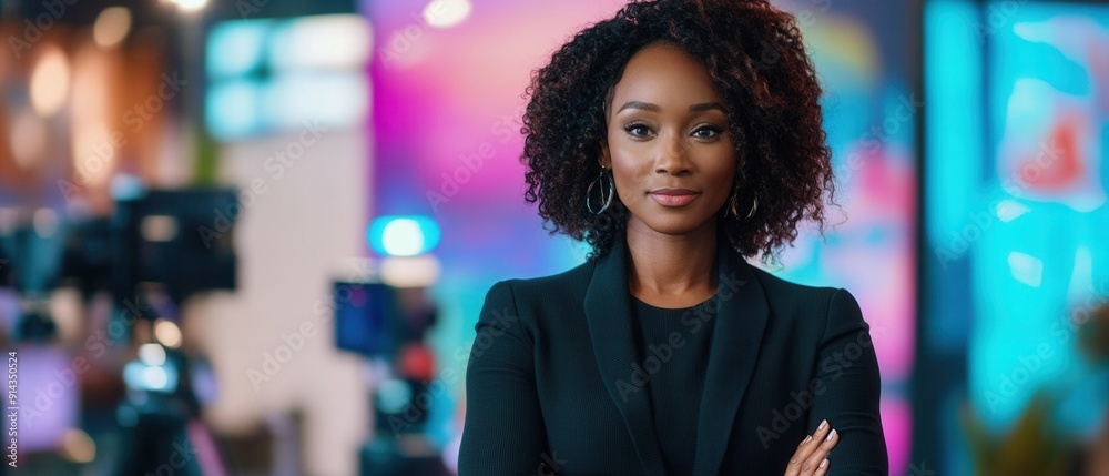 Obraz premium Black media presenter hosting a lively talk show with engaging conversation and captivating on-screen graphics