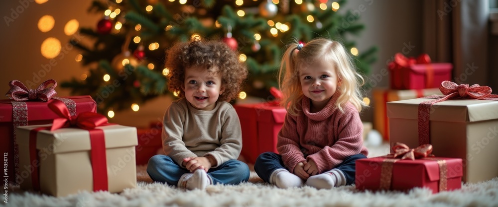 Two smiling children sitting in front of a decorated Christmas tree surrounded by wrapped gifts. Christmas celebration and holiday family concept.Design for poster, banner, greeting card, invitation. Two smiling children sitting in front of a decorated Christmas tree surrounded by wrapped gifts. Christmas celebration and holiday family concept.Design for poster, banner, greeting card, invitation.