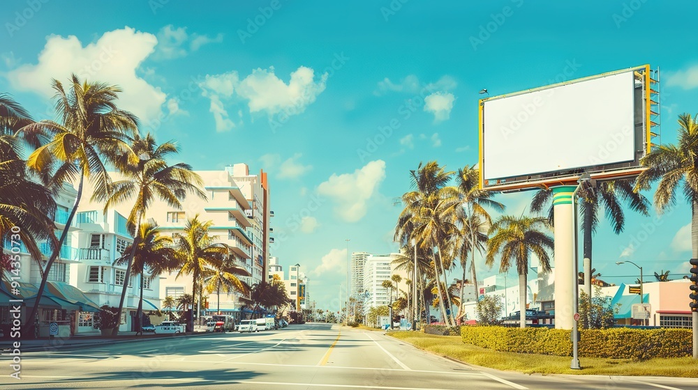 Naklejka premium Sunny Coastal Drive Along Palm Tree Lined Streets in Miami During Midday