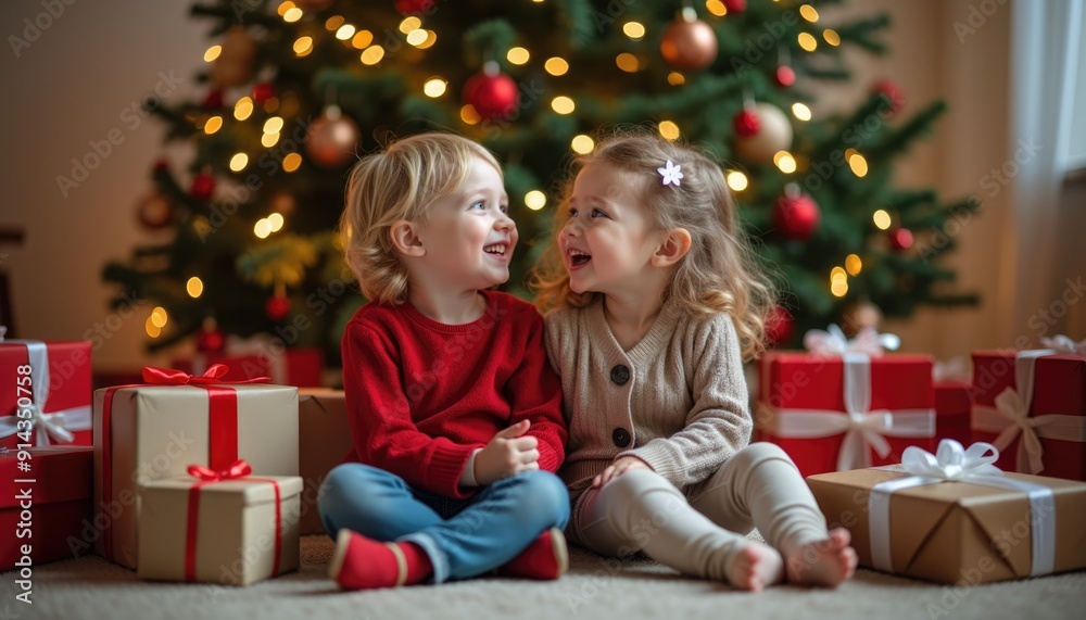 Two smiling children sitting in front of a decorated Christmas tree surrounded by wrapped gifts. Christmas celebration and holiday family concept.Design for poster, banner, greeting card, invitation. Two smiling children sitting in front of a decorated Christmas tree surrounded by wrapped gifts. Christmas celebration and holiday family concept.Design for poster, banner, greeting card, invitation.