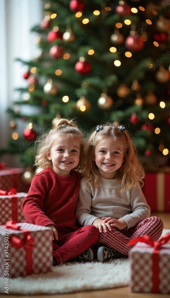 Two smiling children sitting in front of a decorated Christmas tree surrounded by wrapped gifts. Christmas celebration and holiday family concept.Design for poster, banner, greeting card, invitation. Two smiling children sitting in front of a decorated Christmas tree surrounded by wrapped gifts. Christmas celebration and holiday family concept.Design for poster, banner, greeting card, invitation.