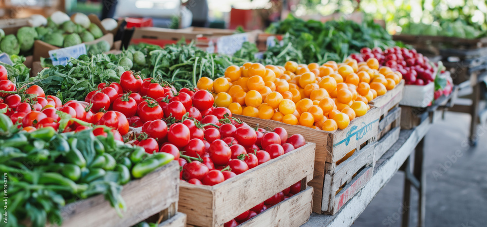 Vibrant Farmers Market Displaying Fresh Vegetables and Fruits in Baskets During Sunny Day in Local Community