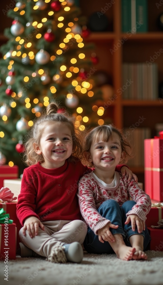 Two smiling children sitting in front of a decorated Christmas tree surrounded by wrapped gifts. Christmas celebration and holiday family concept.Design for poster, banner, greeting card, invitation. Two smiling children sitting in front of a decorated Christmas tree surrounded by wrapped gifts. Christmas celebration and holiday family concept.Design for poster, banner, greeting card, invitation.