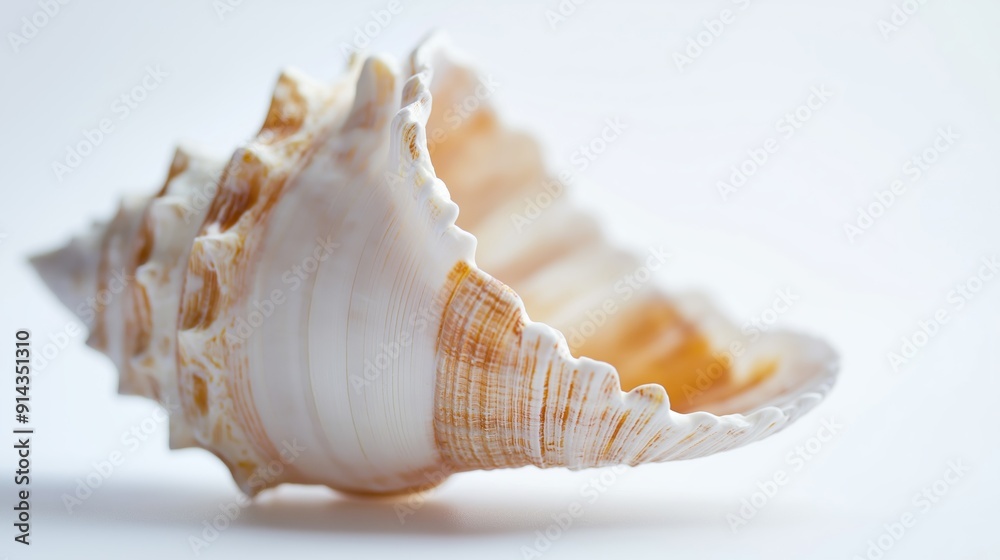 Large conch shell on a white surface, with intricate details and delicate colors highlighted by soft lighting, evokes tranquility and natural beauty Large conch shell on a white surface, with intricate details and delicate colors highlighted by soft lighting, evokes tranquility and natural beauty