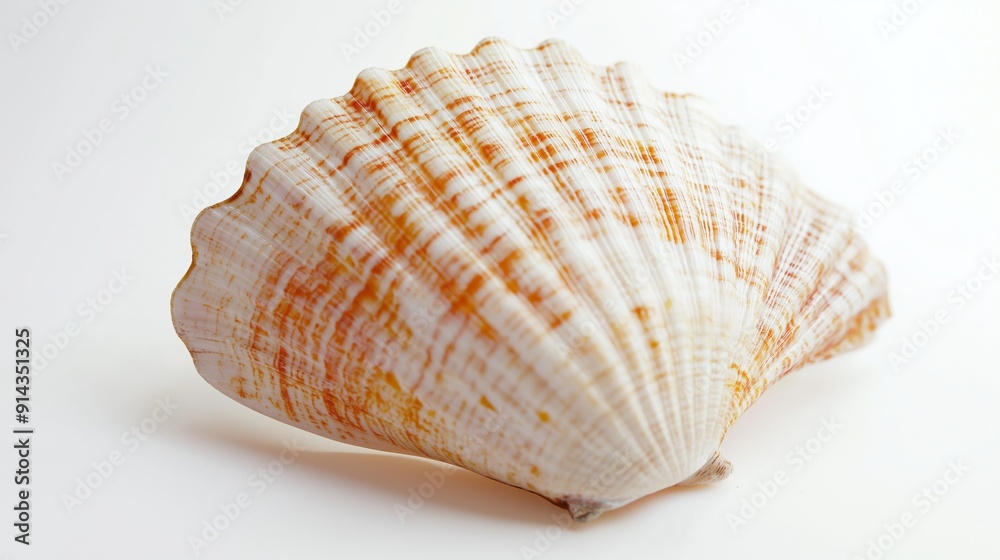 Single seashell is standing on a white background, casting a soft shadow. The delicate ridges and grooves of the shell are highlighted Single seashell is standing on a white background, casting a soft shadow. The delicate ridges and grooves of the shell are highlighted