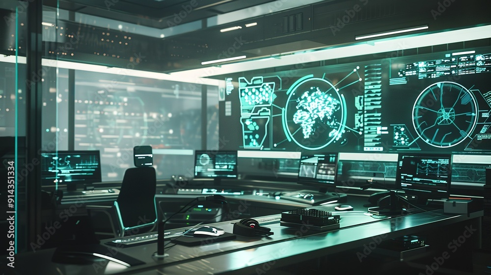 Futuristic Control Room With Advanced Technology and Digital Displays in a Modern Urban Environment at Night Futuristic Control Room With Advanced Technology and Digital Displays in a Modern Urban Environment at Night