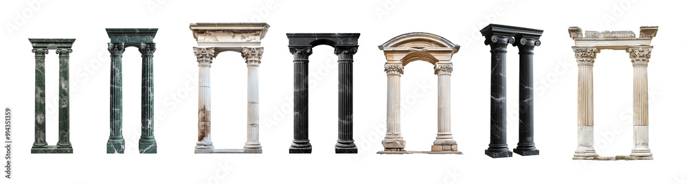 Fototapeta premium Ancient arched columns with decorative elements. Medieval pillar isolated on transparent PNG background. Historic Roman and Greek relics. Antique architectural structures from the past.