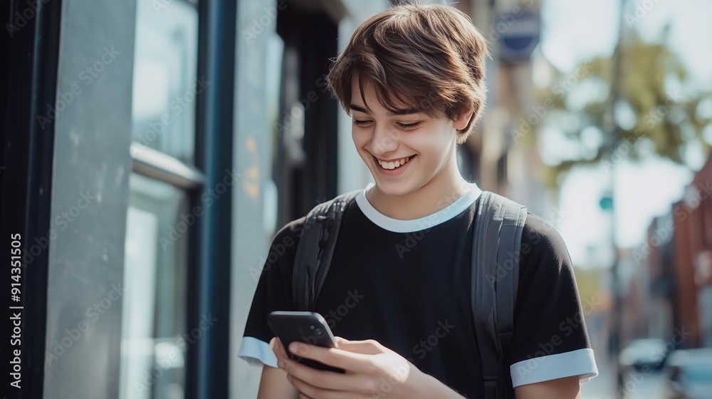 Young Boy Smiling While Using Mobile Phone Outside Urban Shop on Sunny Day Young Boy Smiling While Using Mobile Phone Outside Urban Shop on Sunny Day