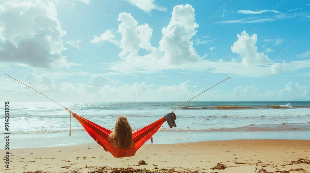 Fototapeta premium Relaxing in a Hammock by the Beach on a Sunny Afternoon With Beautiful Clouds