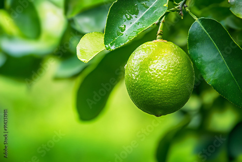 Lime hanging on lime tree, green background with high resolution photography