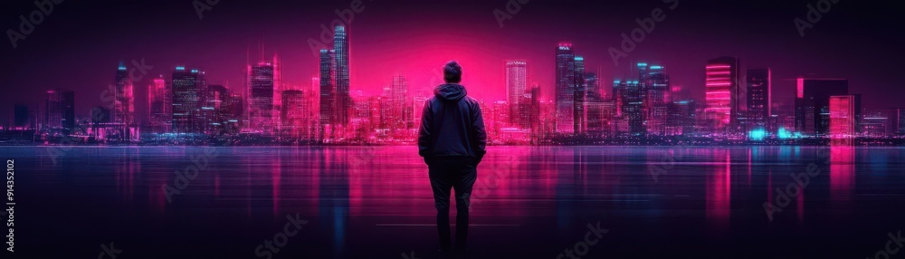 A silhouette against a vibrant city skyline illuminated by neon lights, capturing the essence of modern urban nightlife. A silhouette against a vibrant city skyline illuminated by neon lights, capturing the essence of modern urban nightlife.