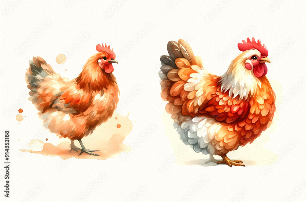 Fototapeta premium hen character in watercolor style, featuring vibrant colors and whimsical details. Watercolor illustration on textured paper. 