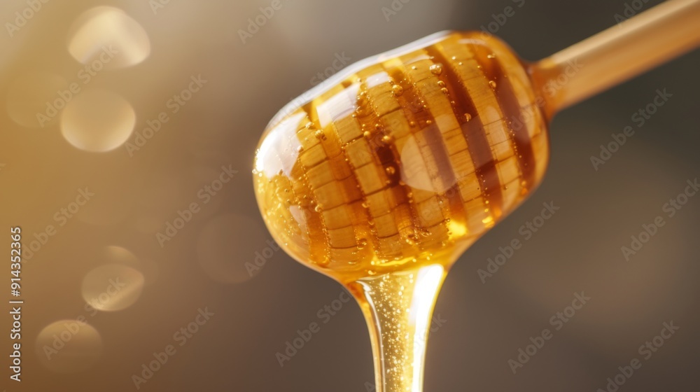 Wooden honey dipper dripping with golden honey Wooden honey dipper dripping with golden honey