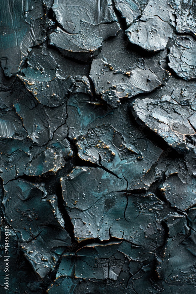 A textured surface of dark blue paint with cracks and gold accents A textured surface of dark blue paint with cracks and gold accents